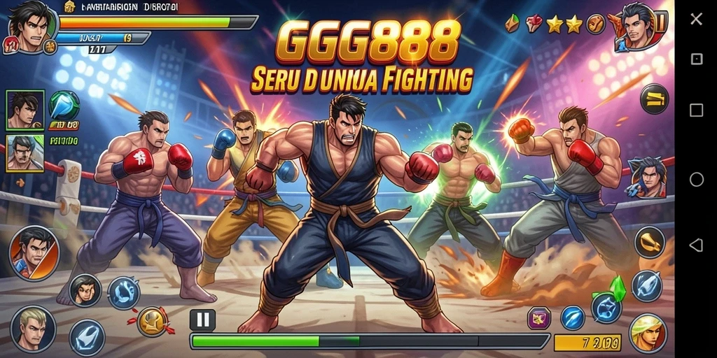 Tampilan utama gameplay GGG888 dengan pertarungan mendebarkan dan karakter beragam.