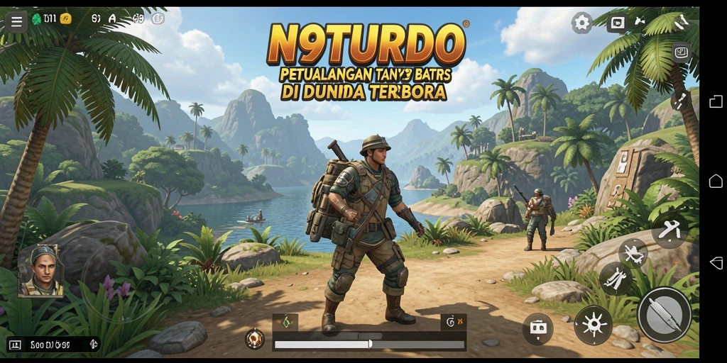 Screenshot N9TURBO yang menampilkan aksi eksplorasi dunia terbuka.