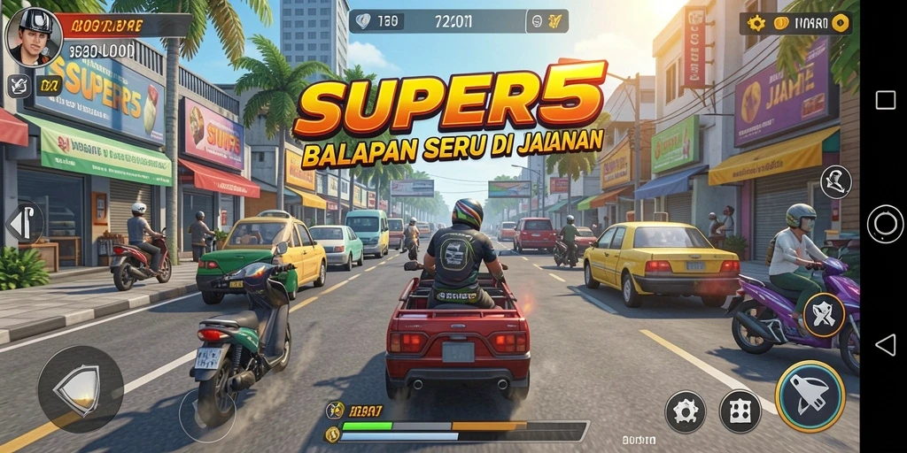 Screenshot gameplay SUPER5 menampilkan aksi balapan yang mendebarkan.