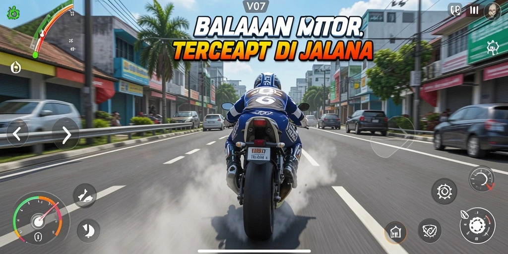Gambaran gameplay V07 dengan balapan motor yang cepat dan menegangkan.
